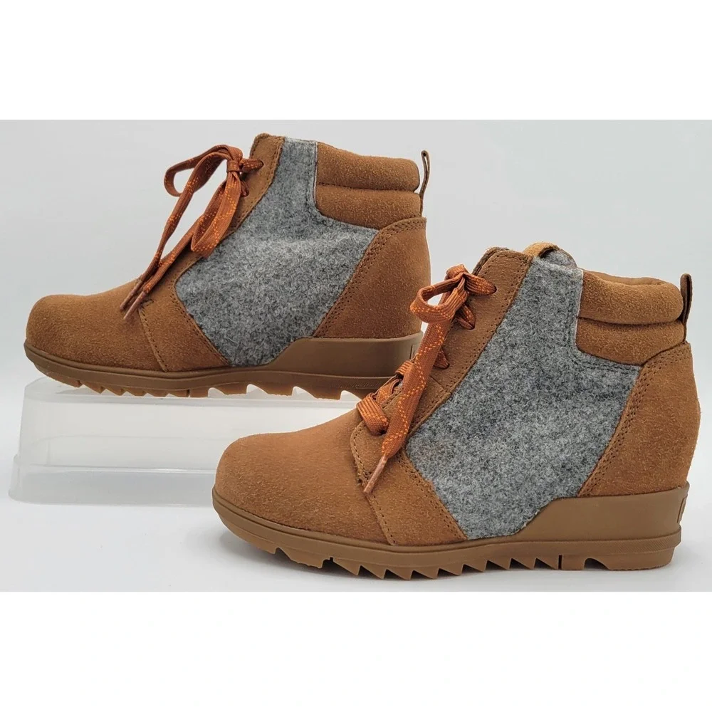 Sorel Wedge Boots Evie Ankle Lace Suede Felt Waterproof Brown/Gray Womens 6.5